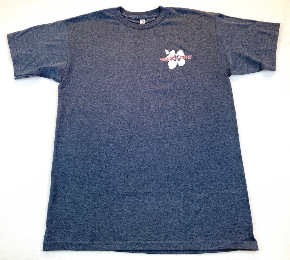 Trader Joe's T-Shirt Slate Gray Front/Back Hibiscus Logo Size Medium